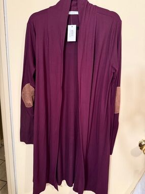 Reborn J Burgundy Open-Front Cardigan with Tan Elbow Patches